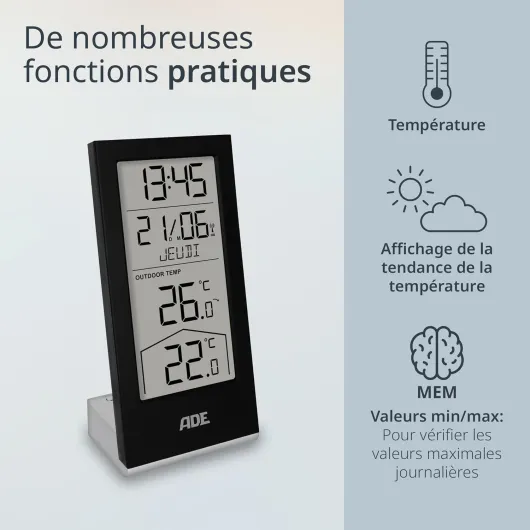Station météo numérique sans fil avec capteur extérieur - horloge numérique avec thermomètre intérieur et extérieur pour la maison - horloge radio pilotée - calendrier numérique - noir