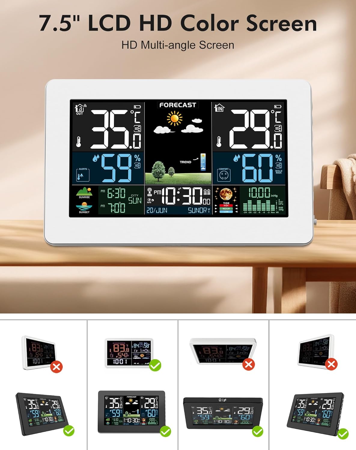 Station Météo Intérieur Extérieur Sans Fil, Écran Couleur, Prévisions Météorologiques, Thermomètre Hygromètre, Affichage Température et Humidité, Capteur Extérieur, Baromètre, Radio-Réveil DCF Blanc
