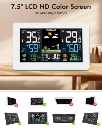 Station Météo Intérieur Extérieur Sans Fil, Écran Couleur, Prévisions Météorologiques, Thermomètre Hygromètre, Affichage Température et Humidité, Capteur Extérieur, Baromètre, Radio-Réveil DCF Blanc