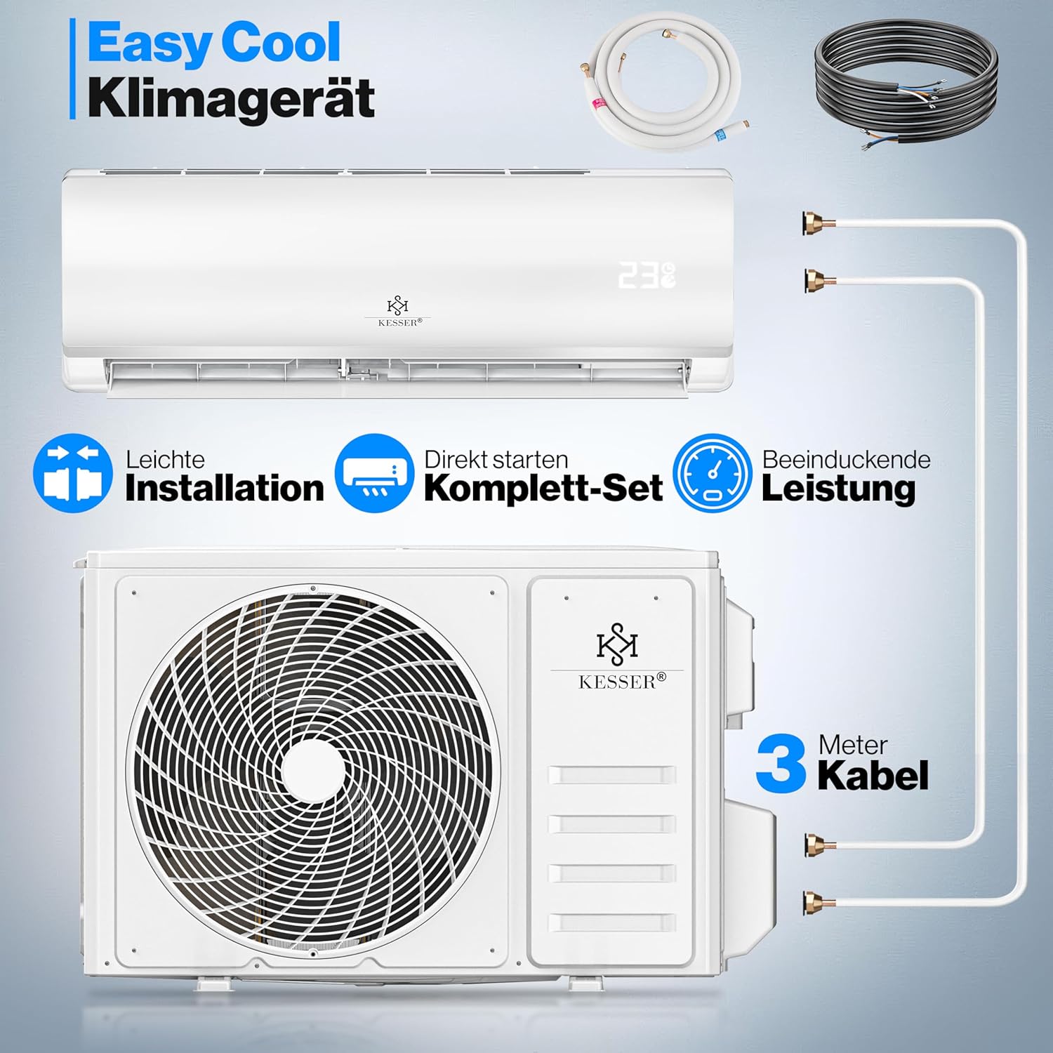 KESSER® Climatiseur SET Split – Wi-Fi/application – Refroidissement A++/chauffage A+ – Réfrigérant R32 – Télécommande, matériel de montage 9 000 BTU/h (2 600 watts) Blanc [Classe énergétique A++] Split 9000 BTU/h / 2600 Watt – Blanc