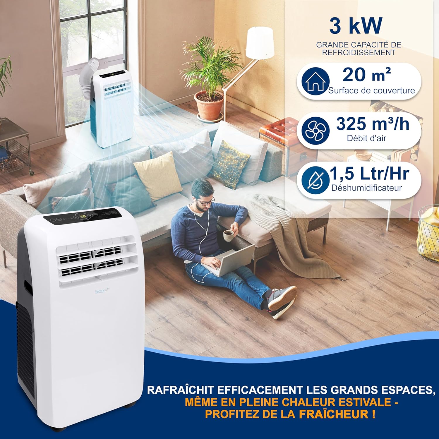 Climatiseur Mobile 9000 BTU avec Chauffage – Climatiseur Réversible Portable 4 en 1, jusqu’à 41 m², Déshumidificateur, Ventilateur, Télécommande, Kit Fenêtre, Blanc 9,000 BTU + HEAT EU