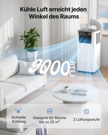 Climatiseur Mobile 9000 BTU, 3-en-1 Écoénergétique Climatiseur Portable, Kit Fenêtre Inclus, Contrôle Via Application/Télécommande, Silencieux <48 dB, Minuterie 24 H, Idéal Pour Pièces Jusqu’à 25 m²