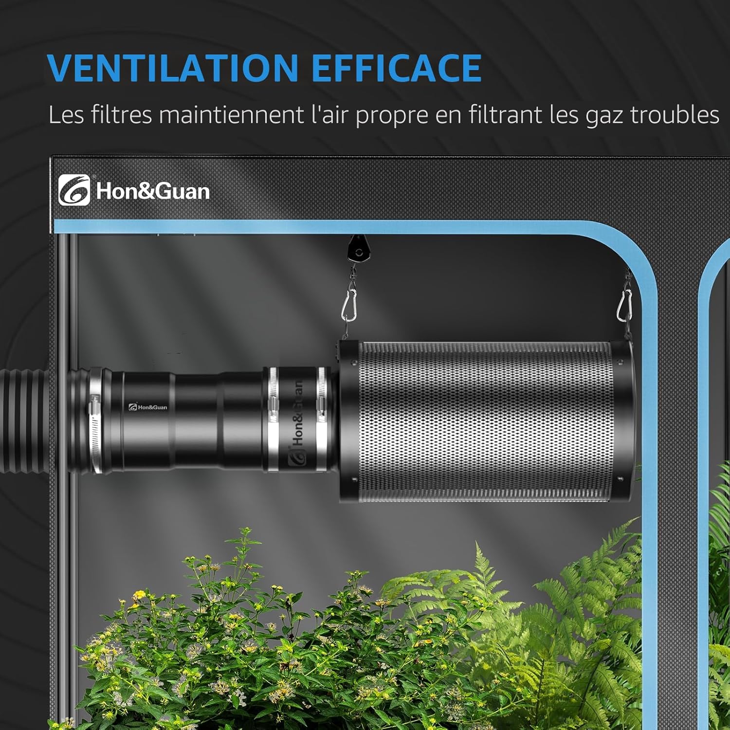 Hon&Guan Ensemble de ventilation de 100 mm 221 m³/h avec ventilateur tubulaire intégré, variateur de vitesse, filtre à charbon actif, tuyau d'extraction en caoutchouc, manchon en caoutchouc, système