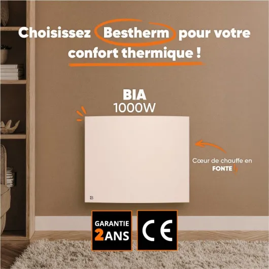 Radiateur électrique fixe à inertie sèche fonte 1000W Bestherm BIA horizontal blanc