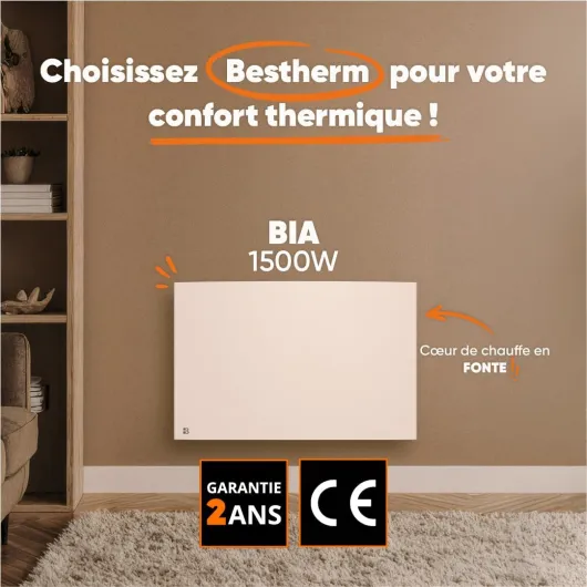 Radiateur électrique fixe à inertie sèche fonte 1500W Bestherm BIA horizontal blanc